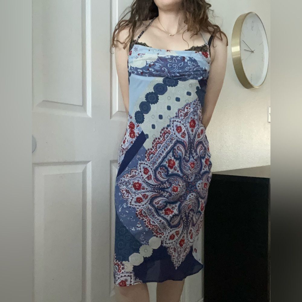 Vintage Y2K Rampage Bandana Floral Patchwork Midi Chiffon Dress Bias Cut Size 4
